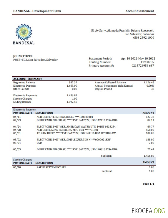 Modèle de relevé bancaire de Salvador Bandesal au format Word et PDF